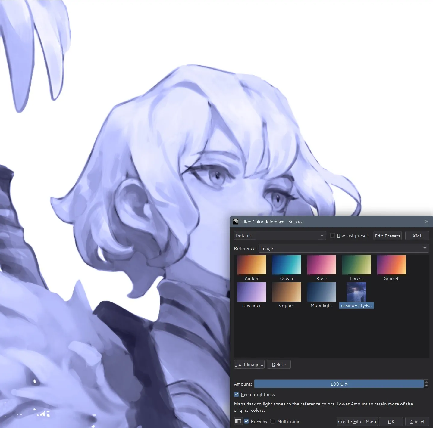 A portrait recolored in blue and purple with an image selected in the Color Reference dialog