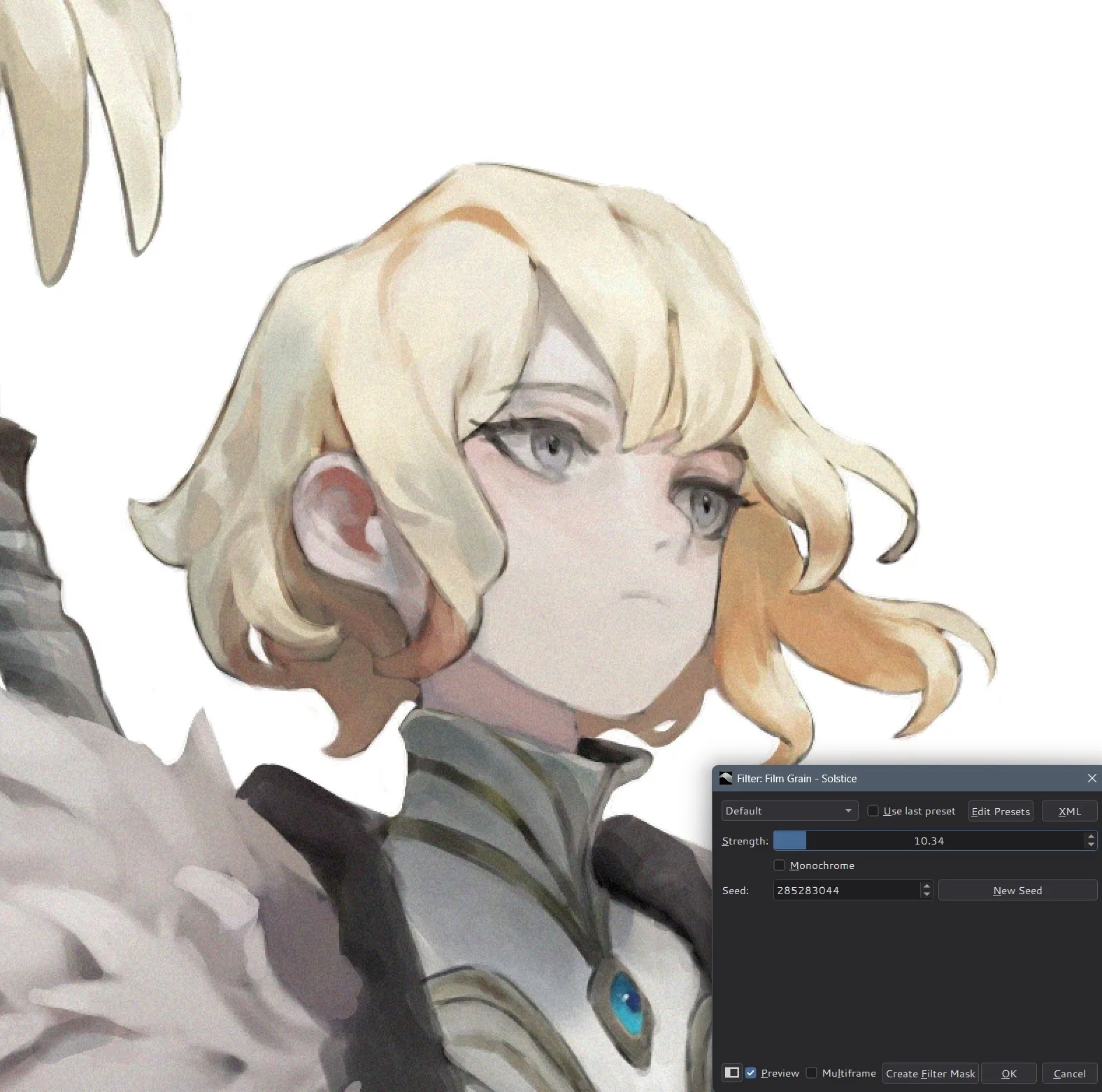 Portrait with fine colored grain and the Film Grain dialog showing Strength, Monochrome and Seed controls