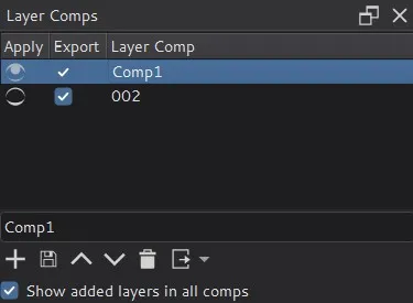 The Layer Comps docker with two saved comps, separate Apply and Export columns, and the Show added layers in all comps option enabled