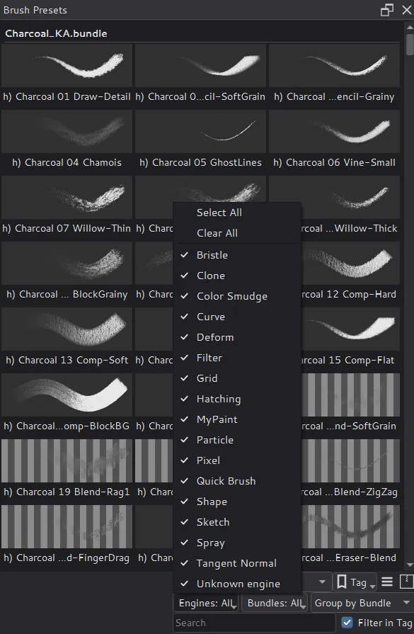 Brush Presets docker grouped by bundle, with the Engines filter open