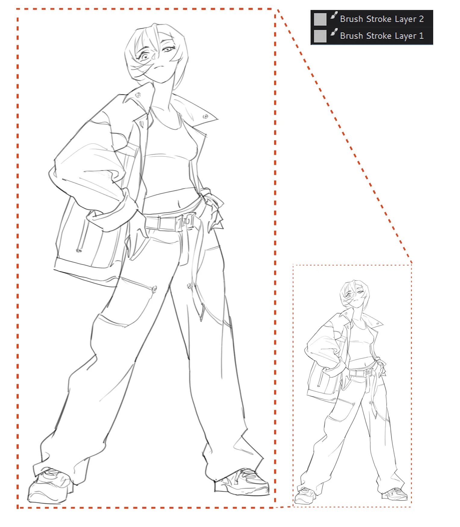 A small figure sketch and a copy enlarged and drawn again at the new size, on two Brush Stroke Layers