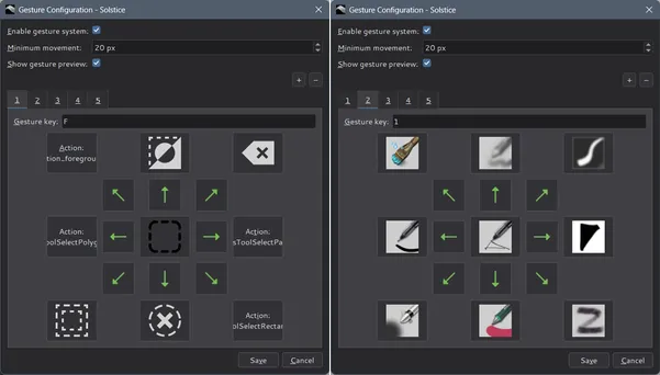 The Gesture Configuration dialog with brush presets assigned around eight arrows and a center action
