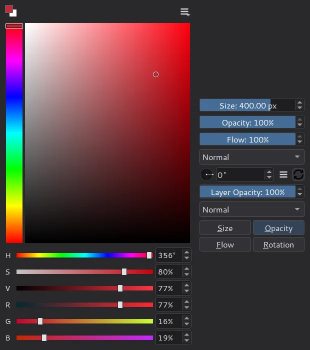 The HueSVC popup with the color selector on the left and brush size, opacity, flow, blending mode, rotation, layer controls and pressure toggles on the right
