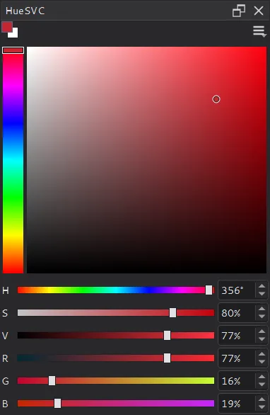 The HueSVC docker with a hue bar, a saturation and value square, and H, S, V, R, G and B bars