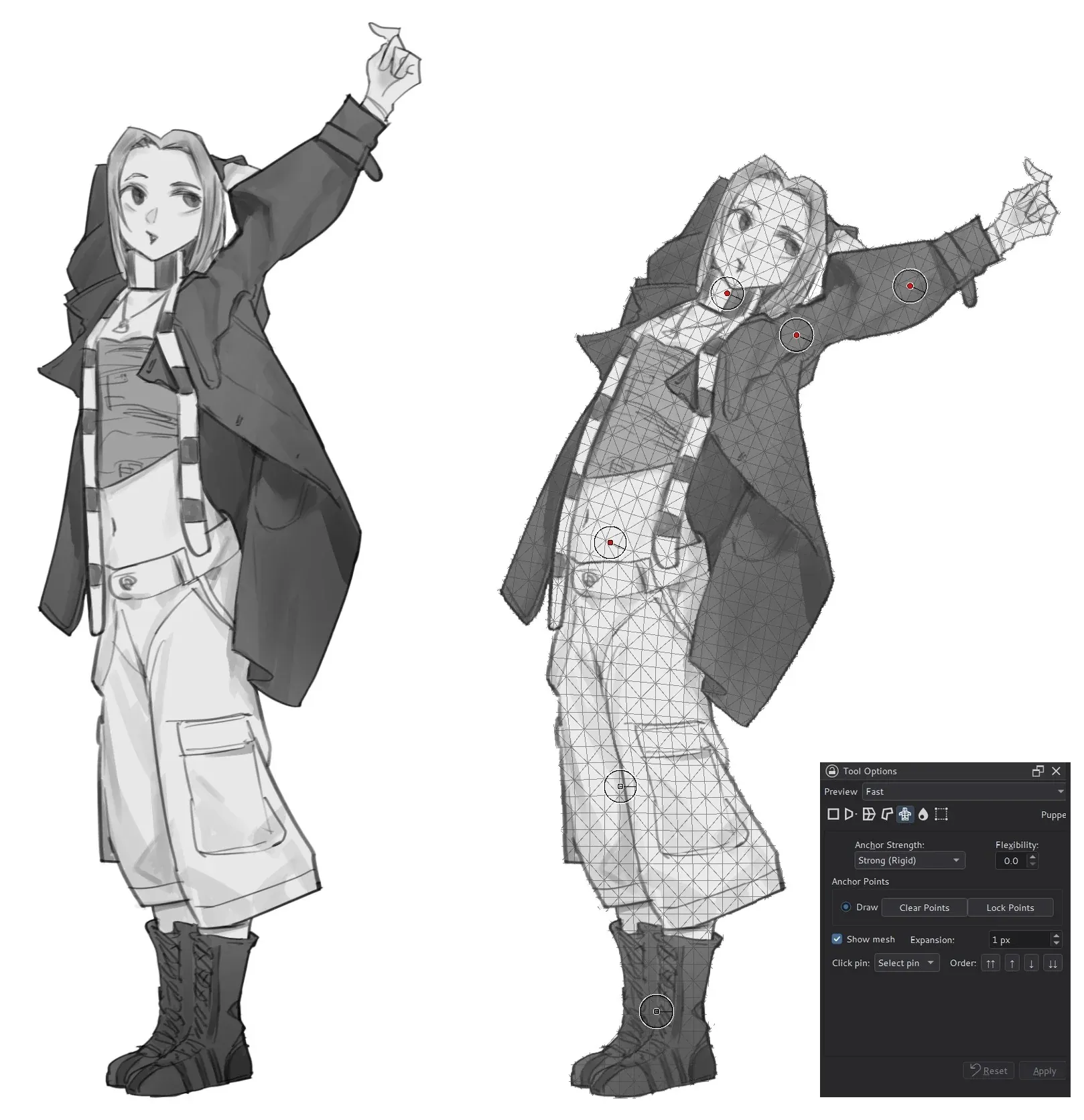 A painted figure and a copy reposed with Puppet Warp: the Transform Tool's triangle mesh over the figure, with pins on the head, the shoulder, the raised arm, the waist and the legs, and the Puppet Warp Tool Options