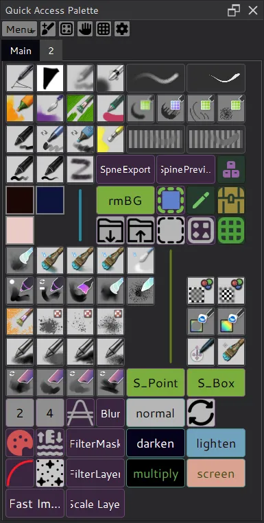 The Quick Access Palette with brushes, actions, colors, labels and separators on two tabs