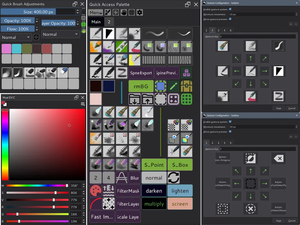 The Quick Brush Adjustments, HueSVC and Quick Access Palette dockers, and two pages of the Gesture Configuration dialog