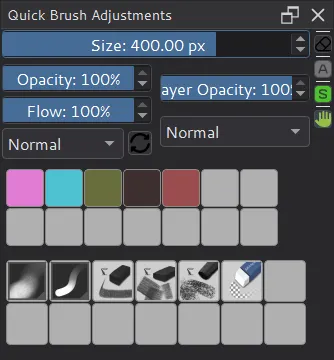 The Quick Brush Adjustments docker with size, opacity, flow and layer opacity bars, blending modes, color history and brush history