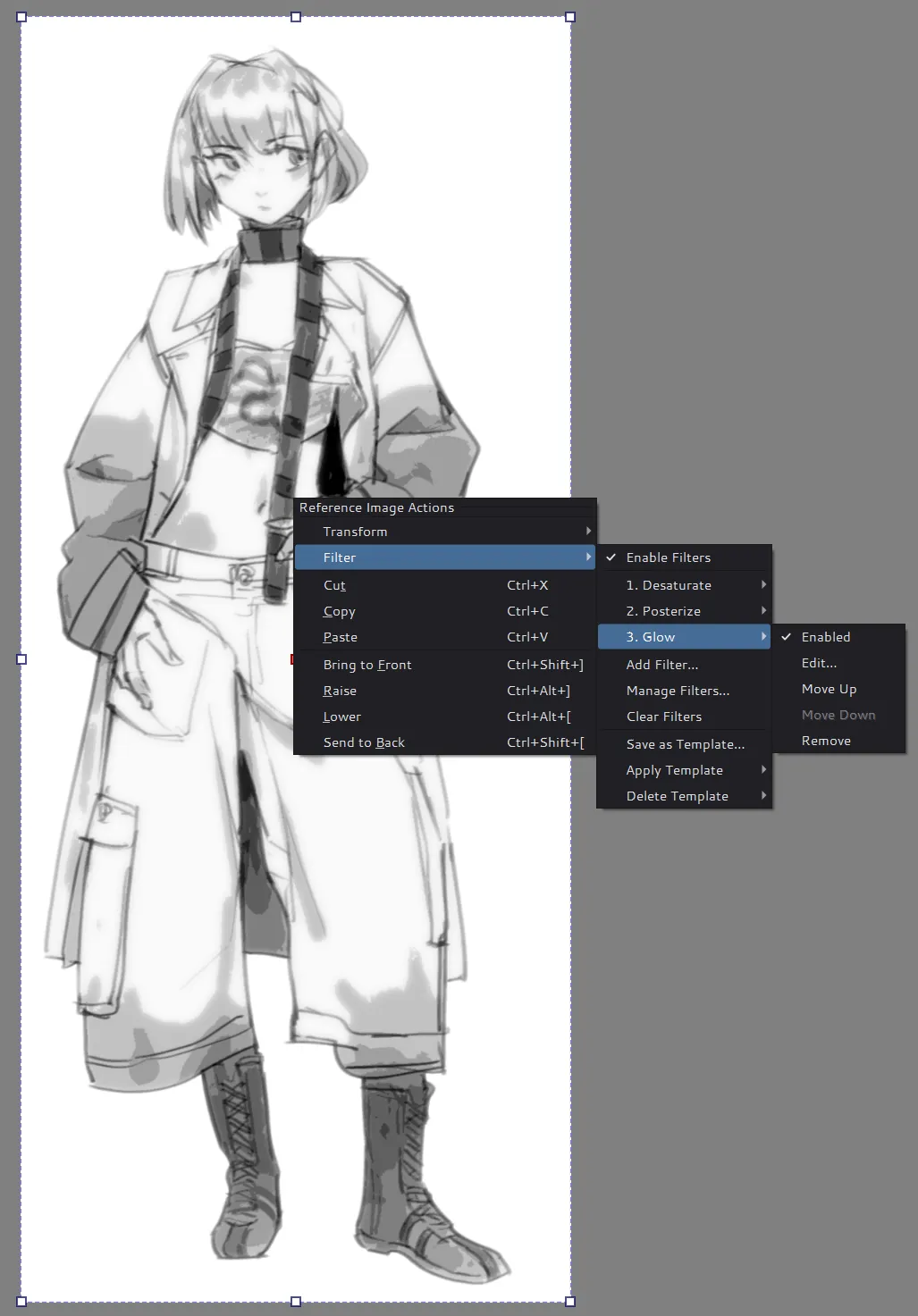 Reference drawing with Desaturate, Posterize and Glow in the Filter menu, and controls to enable, edit, reorder or remove Glow