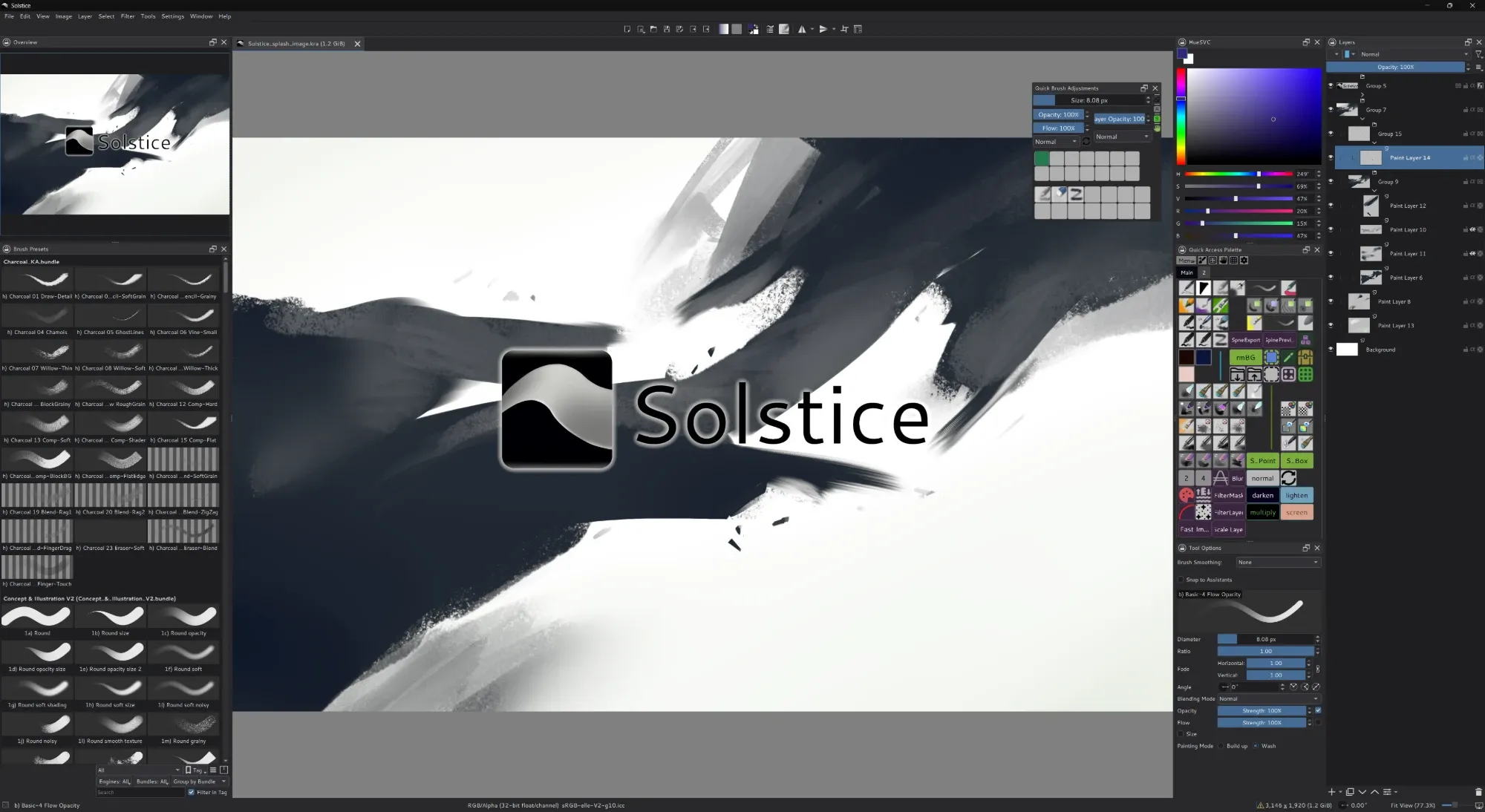 Solstice main window painting its splash artwork, with Brush Presets, Quick Brush Adjustments, the Quick Access Palette, Layers and Tool Options