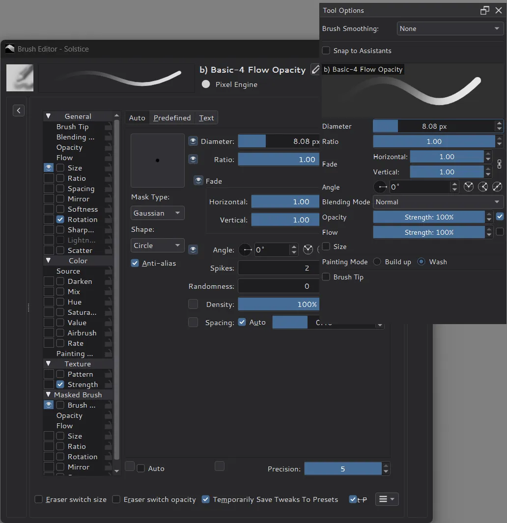 Brush Editor with eyes on brush tip settings, and the Brush section of Tool Options showing those settings